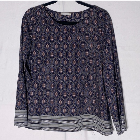 Les Amis Navy Blue Brown Cream Print Long Bell Sleeve Boho Blouse S - Picture 14 of 14